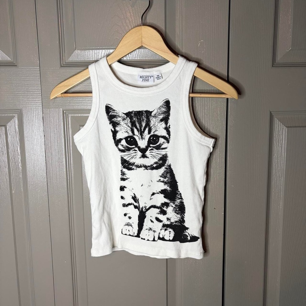 Mighty Fine White Cat Tank Top Ribbed Y2K Kitten Graphic Cami Small